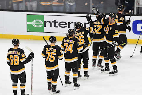 BOSTON, MA – NOVEMBER 29: The Boston Bruins celebrate the overtime win against the New York Rangers at the TD Garden on November 29, 2019 in Boston, Massachusetts. (Photo by Steve Babineau/NHLI via Getty Images)