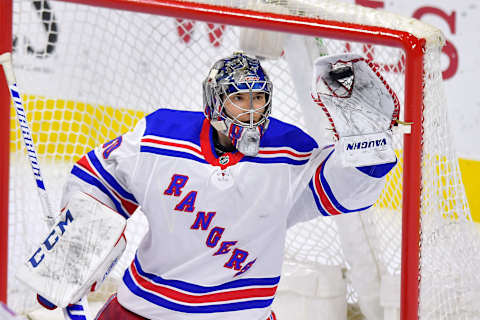 PHILADELPHIA, PA – MARCH 22: New York Rangers goaltender Alexandar Georgiev (40) makes the save during the NHL game between the New York Rangers and the Philadelphia Flyers on March 22, 2018 at the Wells Fargo Center in Philadelphia PA. (Photo by Gavin Baker/Icon Sportswire via Getty Images)