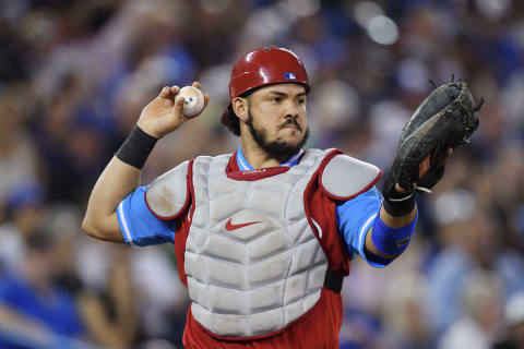 TORONTO, ON – AUGUST 25: Philadelphia Phillies Catcher Jorge Alfaro (38) motions to first during the MLB game between the Philadelphia Phillies and the Toronto Blue Jays at Rogers Centre in Toronto, ON. (Photo by Jeff Chevrier/Icon Sportswire via Getty Images)