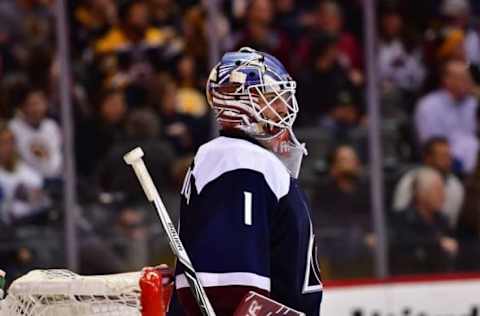 Nov 13, 2016; Denver, CO, USA; Colorado Avalanche goalie Semyon Varlamov (1) during the third period against the Boston Bruins at Pepsi Center. Mandatory Credit: Ron Chenoy-USA TODAY Sports