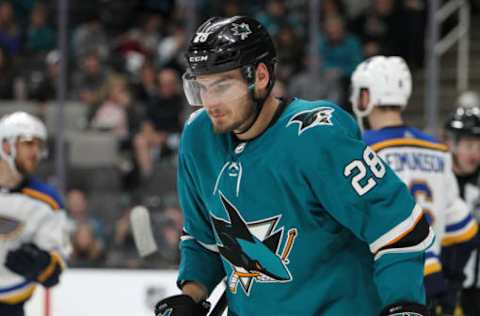 SAN JOSE, CA – MAY 19: Timo Meier #28 of the San Jose Sharks skates off after the play against the St. Louis Blues in Game Five of the Western Conference Final during the 2019 NHL Stanley Cup Playoffs at SAP Center on May 19, 2019 in San Jose, California (Photo by Kavin Mistry/NHLI via Getty Images)