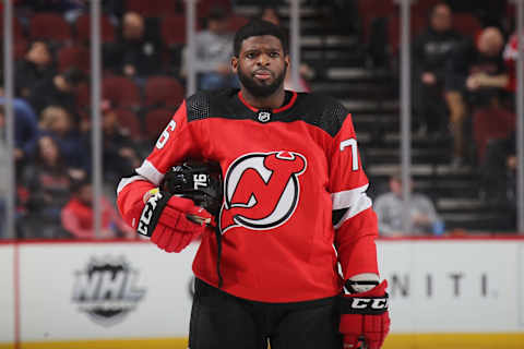 P.K. Subban of the New Jersey Devils prepares to play against the St. Louis Blues at the Prudential Center on March 06, 2020 in Newark, New Jersey.