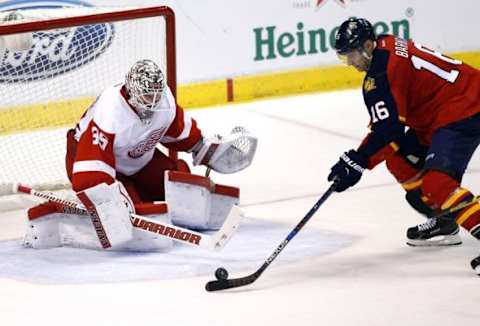 Feb 4, 2016; Sunrise, FL, USA; Florida Panthers center Aleksander Barkov (16) scores a goal past Detroit Red Wings goalie Jimmy Howard (35) in the first period at BB&T Center. Mandatory Credit: Robert Mayer-USA TODAY Sports