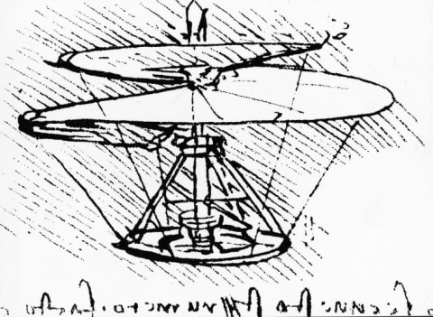 A sketch of an early helicopter prototype drawn by Leonardo da Vinci in 1483.