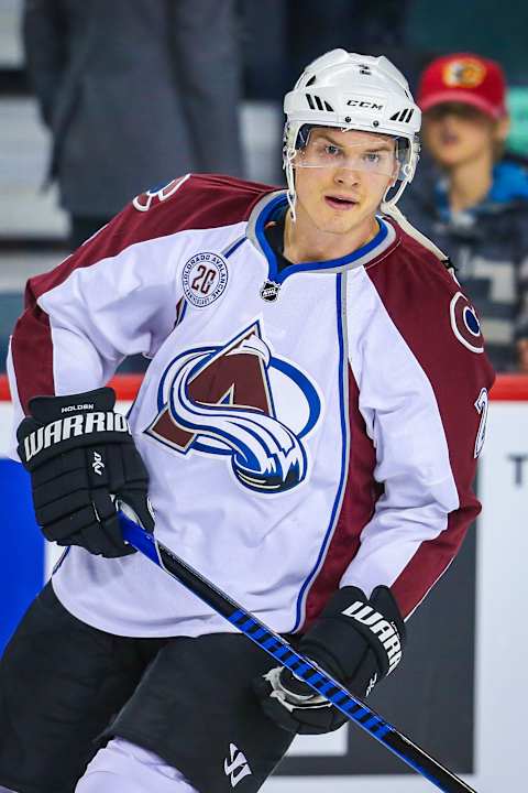 Mar 18, 2016; Calgary, Alberta, CAN; Colorado Avalanche defenseman Nick Holden (2) skates during the warmup period against the Calgary Flames at Scotiabank Saddledome. Colorado Avalanche won 4-3. Mandatory Credit: Sergei Belski-USA TODAY Sports