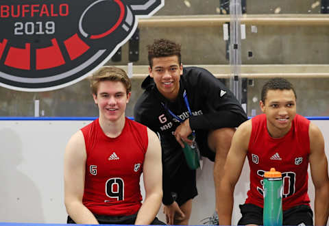 BUFFALO, NY – JUNE 1: Cameron Rowe, Isaiah Saville and Marshall Warren (pictured left to right) watch testing during the 2019 NHL Scouting Combine on June 1, 2019 at Harborcenter in Buffalo, New York. (Photo by Bill Wippert/NHLI via Getty Images)