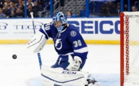 Jan 31, 2017; Tampa, FL, USA; Tampa Bay Lightning goalie Ben Bishop (30) makes a save against the Boston Bruins during the third period at Amalie Arena. Boston Bruins defeat the Tampa Bay Lightning 4-3. Kim Klement-USA TODAY Sports