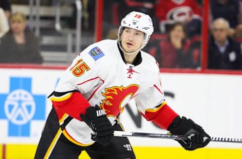 Nov 10, 2014; Raleigh, NC, USA; Calgary Flames defensemen Ladislav Smid (15) reacts against the Carolina Hurricanes at PNC Arena. The Carolina Hurricanes defeated the Calgary Flames 4-1. Mandatory Credit: James Guillory-USA TODAY Sports