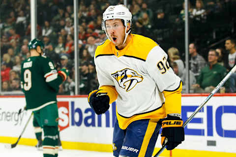 ST. PAUL, MN – NOVEMBER 16: Nashville Predators center Ryan Johansen (92) reacts after scoring in the 1st period to make it 1-0 during the Central Division game between the Nashville Predators and the Minnesota Wild on November 16, 2017 at Xcel Energy Center in St. Paul, Minnesota. (Photo by David Berding/Icon Sportswire via Getty Images)