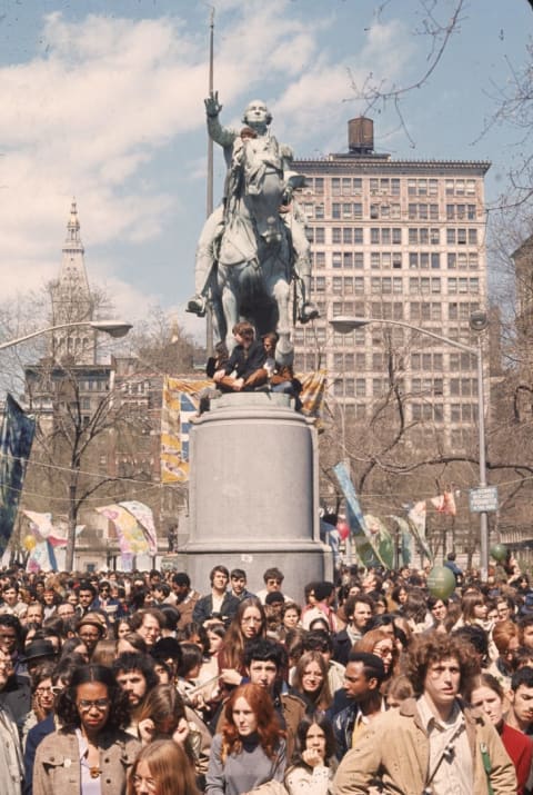 Crowds gather in Union Square in New York City for the first Earth Day in 1970.