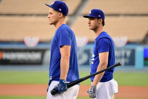 LOS ANGELES, CA – OCTOBER 23: Corey Seager#5 and Cody Bellinger #35 of the Los Angeles Dodgers on the field ahead of the World Series at Dodger Stadium on October 23, 2017 in Los Angeles, California. The Dodgers will take on the Houston Astros in the World Series. (Photo by Harry How/Getty Images)