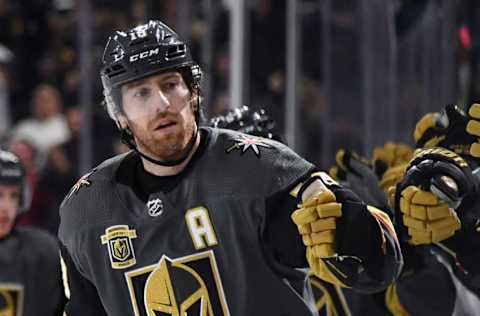 LAS VEGAS, NV – JANUARY 07: James Neal #18 of the Vegas Golden Knights celebrates with teammates on the bench after scoring against the New York Rangers in the first period of their game at T-Mobile Arena on January 7, 2018, in Las Vegas, Nevada. (Photo by Ethan Miller/Getty Images)