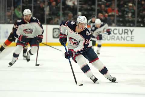 Mar 17, 2023; Anaheim, California, USA; Columbus Blue Jackets center Cole Sillinger (34) skates with the puck against the Anaheim Ducks in the first period at Honda Center. Mandatory Credit: Kirby Lee-USA TODAY Sports