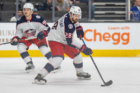 Apr 19, 2022; San Jose, California, USA; Columbus Blue Jackets right wing Oliver Bjorkstrand (28) controls the puck during the first period against the San Jose Sharks at SAP Center at San Jose. Mandatory Credit: Stan Szeto-USA TODAY Sports