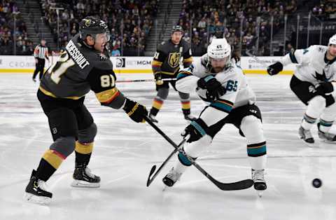 LAS VEGAS, NEVADA – NOVEMBER 21: Jonathan Marchessault #81 of the Vegas Golden Knights shoots the puck during the third period against the San Jose Sharks at T-Mobile Arena on November 21, 2019 in Las Vegas, Nevada. (Photo by Jeff Bottari/NHLI via Getty Images)