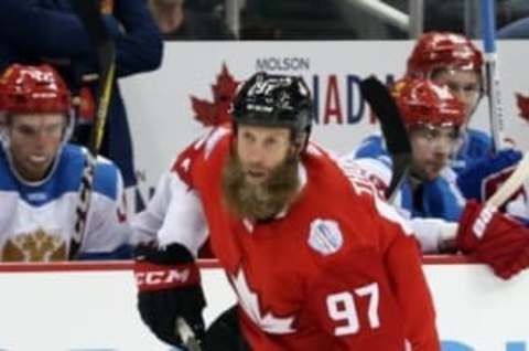 Sep 14, 2016; Pittsburgh, PA, USA; Team Canada forward Joe Thornton (97) skates with the puck against Team Russia during the second period in a World Cup of Hockey pre-tournament game at CONSOL Energy Center. Team Canada won 3-2 in overtime. Mandatory Credit: Charles LeClaire-USA TODAY Sports