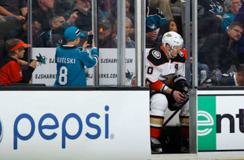 SAN JOSE, CA – April 16: A San Jose Sharks fan takes a photo of Corey Perry #10 in the penalty box in Game Three of the Western Conference First Round during the 2018 NHL Stanley Cup Playoffs at SAP Center on April 16, 2018, in San Jose, California. (Photo by Rocky W. Widner/NHL/Getty Images) *** Local Caption *** Corey Perry