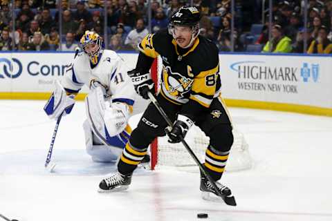 BUFFALO, NEW YORK – DECEMBER 09: Sidney Crosby #87 of the Pittsburgh Penguins skates during the first period of an NHL hockey game against the Buffalo Sabres at KeyBank Center on December 09, 2022 in Buffalo, New York. (Photo by Joshua Bessex/Getty Images)