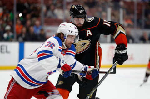 ANAHEIM, CA – NOVEMBER 01: Ryan Kesler #17 of the Anaheim Ducks defends against Mats Zuccarello #36 of the New York Rangers during the third period of a game at Honda Center on November 1, 2018, in Anaheim, California. (Photo by Sean M. Haffey/Getty Images)