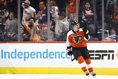 Bobby Brink reacts after Joel Farabee scored a goal for the Philadelphia Flyers. (Photo by Tim Nwachukwu/Getty Images)