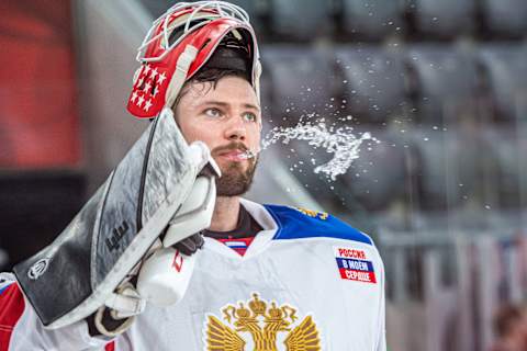 Flyers goalie Ivan Fedotov during a stoppage of play in a match for Russia. (Photo by RvS.Media/Robert Hradil/Getty Images)