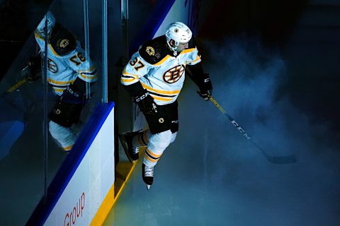 TORONTO, ONTARIO – AUGUST 09: Patrice Bergeron #37 of the Boston Bruins takes the ice prior to the Eastern Conference Round Robin game against the Washington Capitals during the 2020 NHL Stanley Cup Playoffs at Scotiabank Arena on August 09, 2020, in Toronto, Ontario, Canada. (Photo by Andre Ringuette/Freestyle Photo/Getty Images)