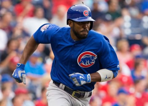 Jun 6, 2016; Philadelphia, PA, USA; Chicago Cubs center fielder Dexter Fowler (24) hits a double during the first inning against the Philadelphia Phillies at Citizens Bank Park. Mandatory Credit: Bill Streicher-USA TODAY Sports