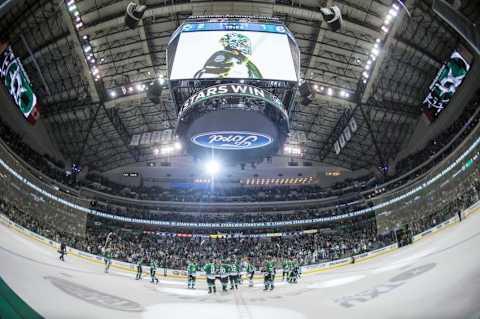 Jan 7, 2016; Dallas, TX, USA; The Dallas Stars celebrate the win over the Winnipeg Jets at the American Airlines Center. The Stars defeat the Jets 2-1 in the overtime shootout. Mandatory Credit: Jerome Miron-USA TODAY Sports