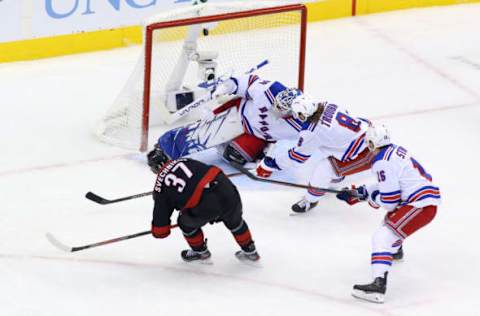 Andrei Svechnikov #37 of the Carolina Hurricanes scores a hat-trick goal against the New York Rangers in Game TwoPhoto by Andre Ringuette/Freestyle Photo/Getty Images)