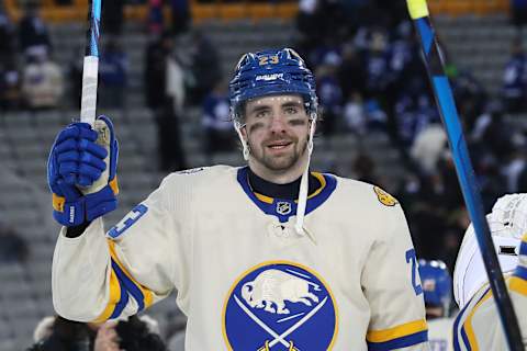 HAMILTON, ONTARIO – MARCH 13: Mattias Samuelsson #23 of the Buffalo Sabres waves to the crowd after the team’s win against the Toronto Maple Leafs during the Heritage Classic at Tim Hortons Field on March 13, 2022 in Hamilton, Ontario. (Photo by Claus Andersen/Getty Images)