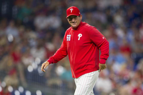 PHILADELPHIA, PA – JUNE 25: Bench coach Rob Thomson #59 of the Philadelphia Phillies walks to the dugout against the New York Mets at Citizens Bank Park on June 25, 2019 in Philadelphia, Pennsylvania. (Photo by Mitchell Leff/Getty Images)