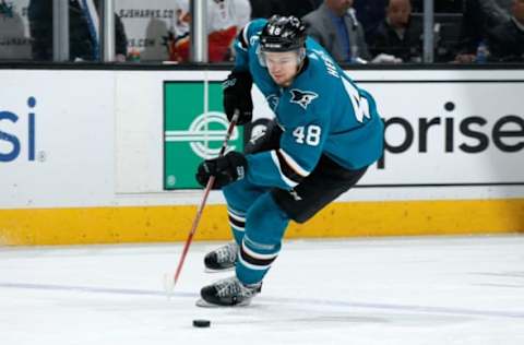 SAN JOSE, CA – MARCH 24: Tomas Hertl #48 of the San Jose Sharks moves the puck during a NHL game against the Calgary Flames at SAP Center on March 24, 2018 in San Jose, California. (Photo by Don Smith/NHLI via Getty Images)