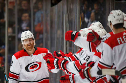 TORONTO, ON – APRIL 2: Dougie Hamilton #19 of the Carolina Hurricanes celebrates his goal against the Toronto Maple Leafs during the second period at the Scotiabank Arena on April 2, 2019 in Toronto, Ontario, Canada. (Photo by Kevin Sousa/NHLI via Getty Images)