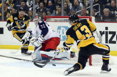 Apr 4, 2017; Pittsburgh, PA, USA; Pittsburgh Penguins left wing Conor Sheary (43) prepares to shoot against Columbus Blue Jackets goalie Sergei Bobrovsky (72) after a pass from Pens center Sidney Crosby (87) during the third period at the PPG PAINTS Arena. The Penguins won 4-1. Mandatory Credit: Charles LeClaire-USA TODAY Sports