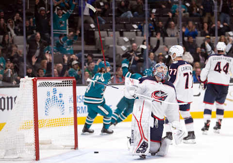 Mar 14, 2023; San Jose, California, USA; Columbus Blue Jackets goaltender Daniil Tarasov (40) reacts after allowing a goal to San Jose Sharks center Logan Couture (39) during the second period at SAP Center at San Jose. Mandatory Credit: D. Ross Cameron-USA TODAY Sports