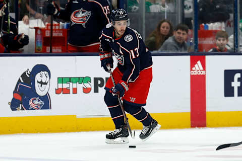 COLUMBUS, OH – DECEMBER 19: Johnny Gaudreau #13 of the Columbus Blue Jackets controls the puck during the game against the Dallas Stars at Nationwide Arena on December 19, 2022 in Columbus, Ohio. (Photo by Kirk Irwin/Getty Images)