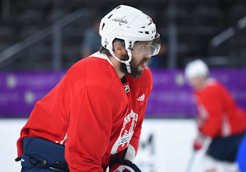 LAS VEGAS, NV – MAY 27: Washington Capitals Left Wing Alex Ovechkin (8) during the Capitals practice for the NHL Stanley Cup Final Media Day on May 27, 2018 at T-Mobile Arena in Las Vegas, NV. (Photo by Chris Williams/Icon Sportswire via Getty Images)