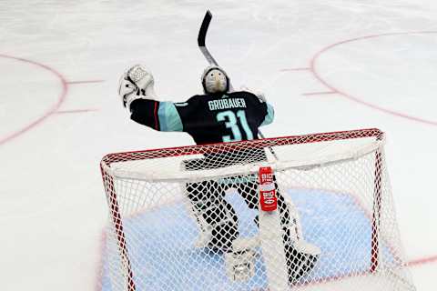 Philipp Grubauer has struggled mightily since moving to the Seattle Kraken. (Photo by Steph Chambers/Getty Images)