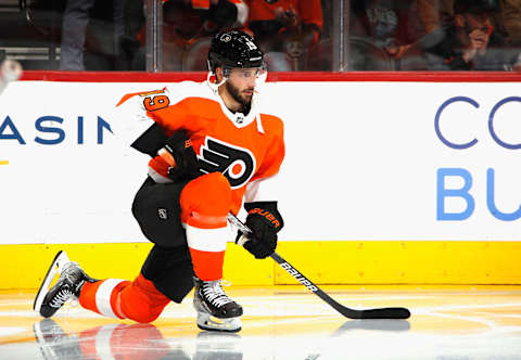 Derick Brassard warms up during his time as a Flyers player. (Photo by Bruce Bennett/Getty Images)