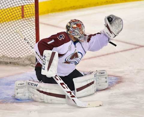 Jan 18, 2016; Winnipeg, Manitoba, CAN; Colorado Avalanche goalie Semyon Varlamov (1) makes a save prior to the game against the Winnipeg Jets at MTS Centre. Mandatory Credit: Bruce Fedyck-USA TODAY Sports