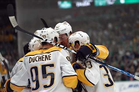 The Nashville Predators celebrate a goal against the Dallas Stars in the second period. (Photo by Ronald Martinez/Getty Images)