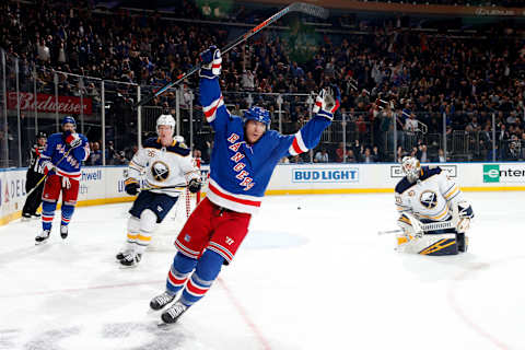 NEW YORK, NY – OCTOBER 24: Ryan Strome #16 of the New York Rangers reacts after scoring a goal in the third period against Carter Hutton #40 of the Buffalo Sabres at Madison Square Garden on October 24, 2019 in New York City. (Photo by Jared Silber/NHLI via Getty Images)