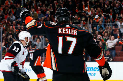 ANAHEIM, CA – DECEMBER 31: Ryan Kesler #17 of the Anaheim Ducks celebrates a goal in the third period during the game against the Arizona Coyotes on December 31, 2017, at Honda Center in Anaheim, California. (Photo by Debora Robinson/NHLI via Getty Images)