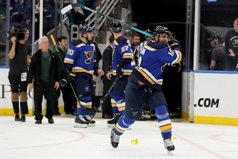 ST LOUIS, MISSOURI – MAY 15: Brayden Schenn #10 of the St. Louis Blues reacts after a possible hand pass that lead to a game winning overtime goal scored by Erik Karlsson #65 of the San Jose Sharks during overtime in Game Three of the Western Conference Finals during the 2019 NHL Stanley Cup Playoffs at Enterprise Center on May 15, 2019 in St Louis, Missouri. (Photo by Elsa/Getty Images)