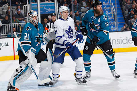 SAN JOSE, CA – FEBRUARY 28: Martin Jones #31 and Joe Thornton #19 of the San Jose Sharks defend the net against Zach Hyman #11 of the Toronto Maple Leafs . (Photo by Rocky W. Widner/NHL/Getty Images)