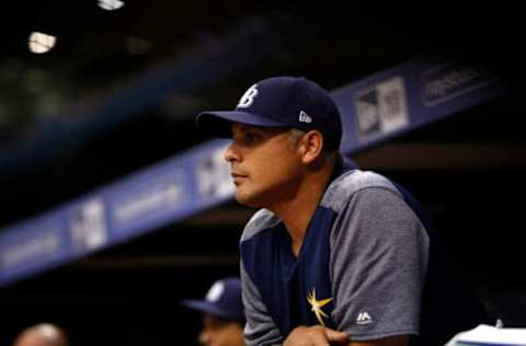 ST. PETERSBURG, FL – JULY 6: Manager Kevin Cash #16 of the Tampa Bay Rays looks on from the dugout during the eighth inning of a game against the Boston Red Sox on July 6, 2017 at Tropicana Field in St. Petersburg, Florida. (Photo by Brian Blanco/Getty Images)