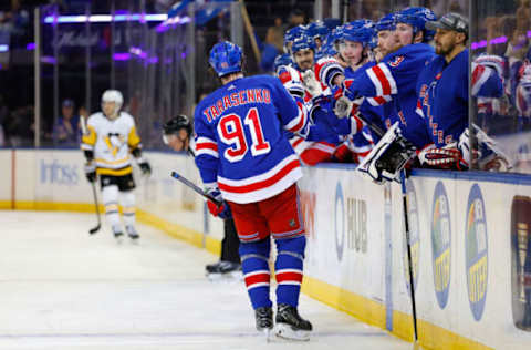 NEW YORK, NY – MARCH 18: Vladimir Tarasenko #91 of the New York Rangers comes to the bench after scoring during the second period of the game against the Pittsburgh Penguins on March 18, 2023, at Madison Square Garden in New York, New York. (Photo by Rich Graessle/Getty Images)