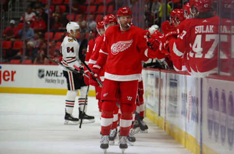 DETROIT, MI – SEPTEMBER 20: Thomas Vanek #26 of the Detroit Red Wings celebrates a first-period goal with teammates while playing the Chicago Blackhawks during a preseason game at Little Caesars Arena on September 20, 2018, in Detroit, Michigan. (Photo by Gregory Shamus/Getty Images)