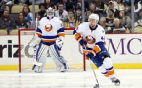 Jan 2, 2016; Pittsburgh, PA, USA; New York Islanders defenseman Calvin de Haan (44) against the Pittsburgh Penguins during the third period at the CONSOL Energy Center. The Penguins won 5-2. Mandatory Credit: Charles LeClaire-USA TODAY Sports