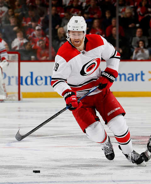 NEWARK, NJ – DECEMBER 29: Dougie Hamilton #19 of the Carolina Hurricanes   (Photo by Paul Bereswill/Getty Images)